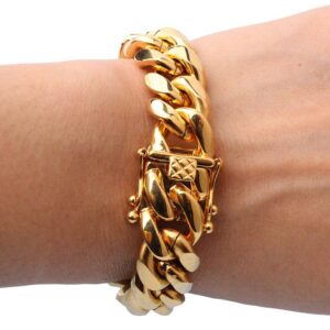 18 kt real solid yellow gold miami cuban link chain men's bracelet
