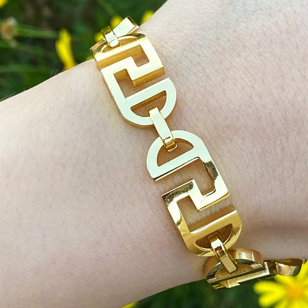 18 kt yellow gold roman designer link men's bracelet 12.5 mm
