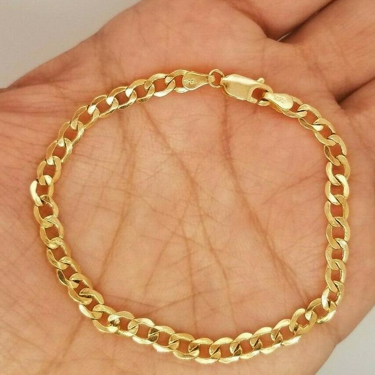 18 kt real solid yellow gold cuban link chain men's bracelet 5 mm
