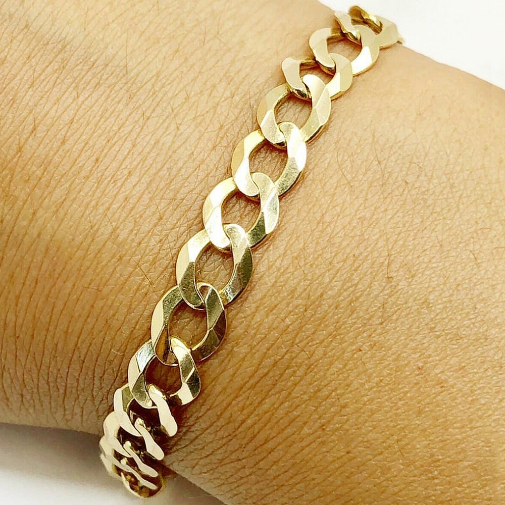 18 kt real solid yellow gold cuban link chain men's bracelet 8 mm