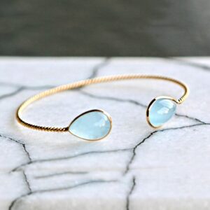 18 kt gold blue aquamarine gemstone stacking cuff bangle bracelet