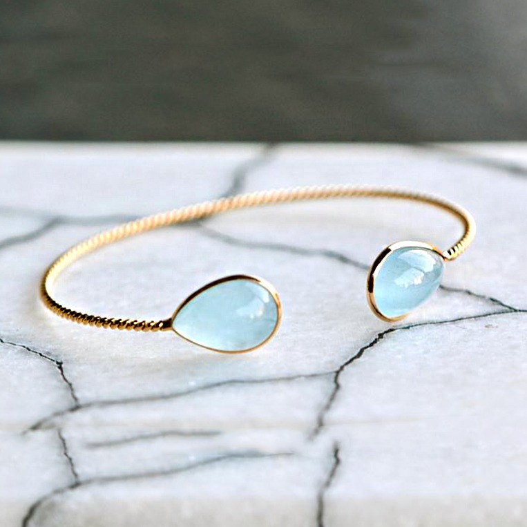 18 kt gold blue aquamarine gemstone stacking cuff bangle bracelet - Image 4