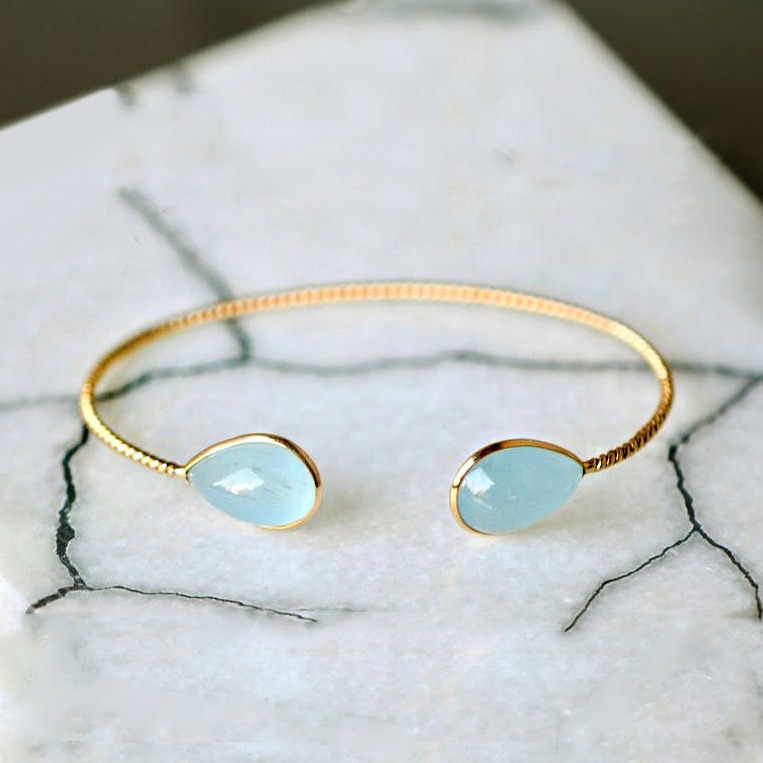 18 kt gold blue aquamarine gemstone stacking cuff bangle bracelet - Image 3