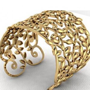 18 kt yellow gold vintage leaves cuff women's bracelet bangle