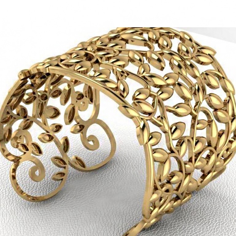 18 kt yellow gold vintage leaves cuff women's bracelet bangle - Image 5