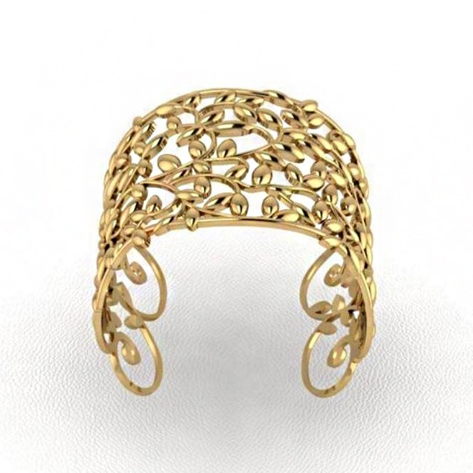 18 kt yellow gold vintage leaves cuff women's bracelet bangle - Image 4