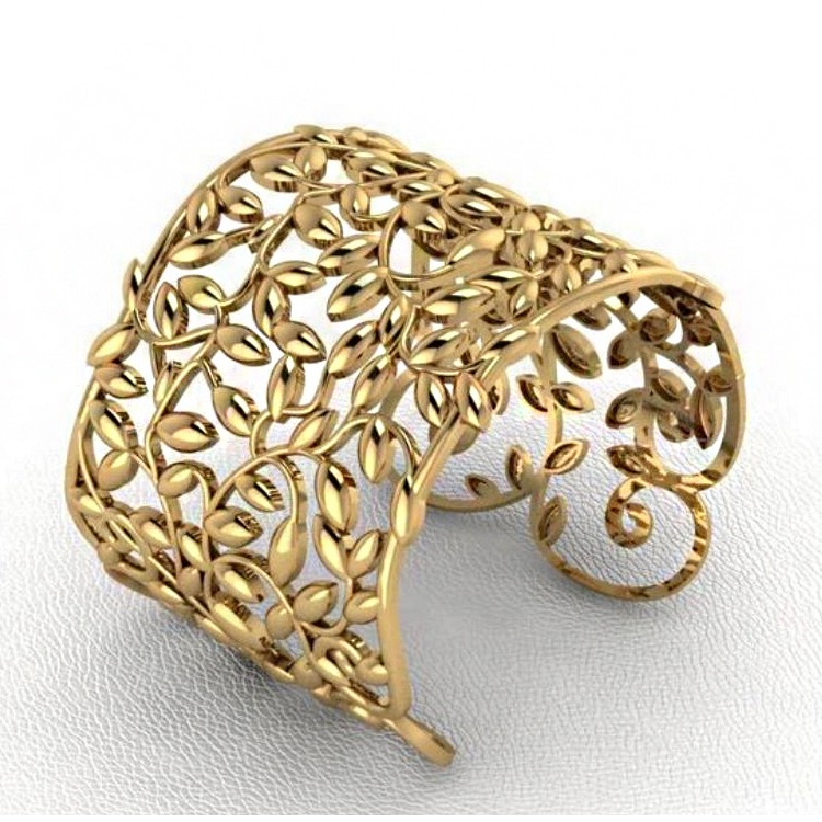 18 kt yellow gold vintage leaves cuff women's bracelet bangle