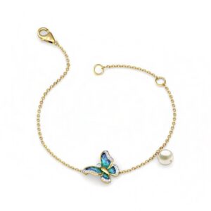 18 kt solid yellow gold chain link butterfly pearl bracelet bangle