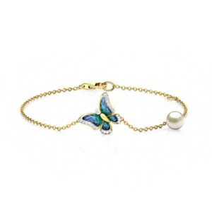 18 kt solid yellow gold chain link butterfly pearl bracelet bangle