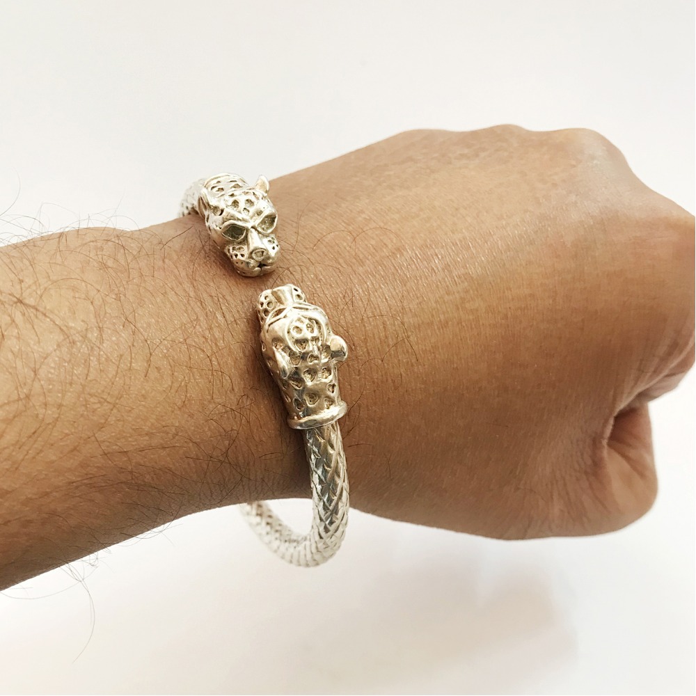 18 kt hallmark real solid white gold leopard face men's bracelet