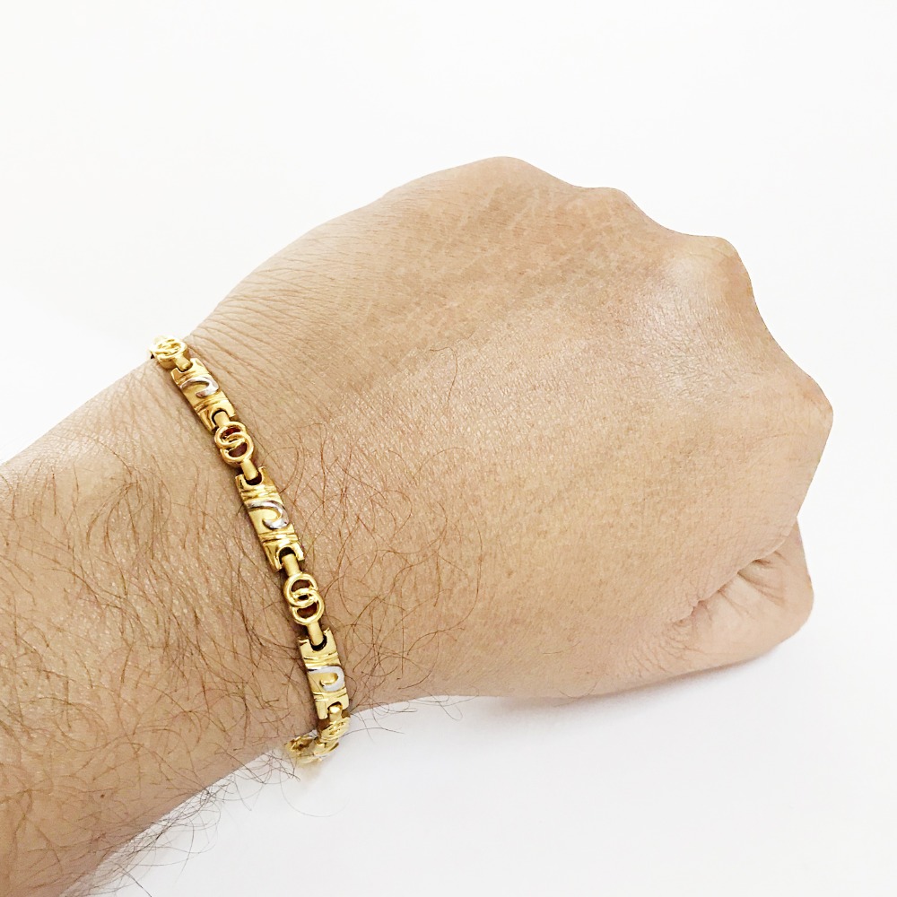 18k solid yellow gold 2 tone men's bracelet 7.9 inches 13.880 grams