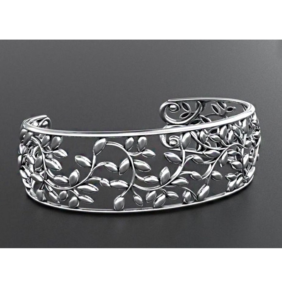 18 kt solid white gold leaves cuff women bracelet 50.360 gram