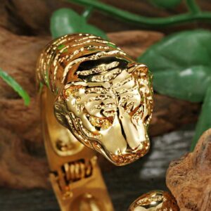 14 Kt Real Solid Yellow Gold Tiger Face Cuff Men's Bracelet 60 Gram