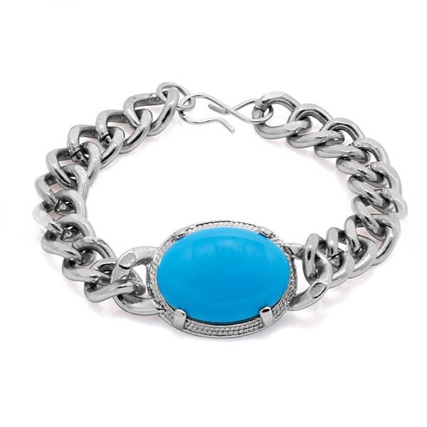 18 Kt White Gold Natural Turquoise Curb Link Men's Bracelet 45.360 Gm