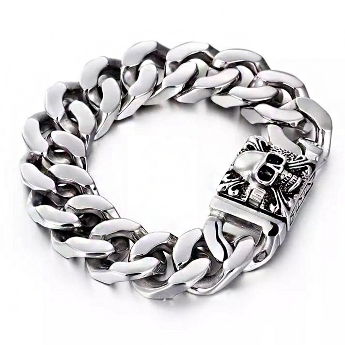 18 Kt White Gold Skull Black Diamonds Men's Link Bracelet 77.430 Gm