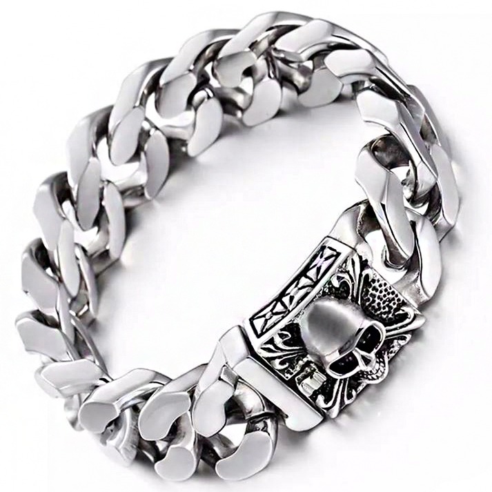 18 Kt White Gold Skull Black Diamonds Men's Link Bracelet 77.430 Gm