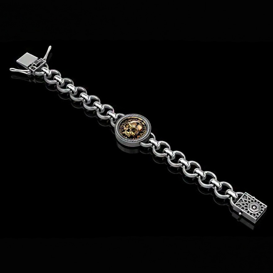 18 Kt White Gold Skull Bracelet Bangle Lock Open Box Men's Jewelry