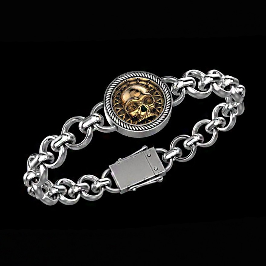 18 Kt White Gold Skull Bracelet Bangle Lock Open Box Men's Jewelry