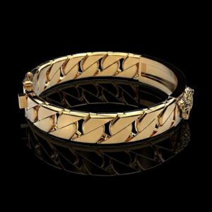 18Kt Yellow Gold Lion Cubic Zirconia Men's Bracelet Bangle