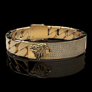 18Kt Yellow Gold Lion Cubic Zirconia Men's Bracelet Bangle