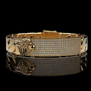 18Kt Yellow Gold Lion Cubic Zirconia Men's Bracelet Bangle