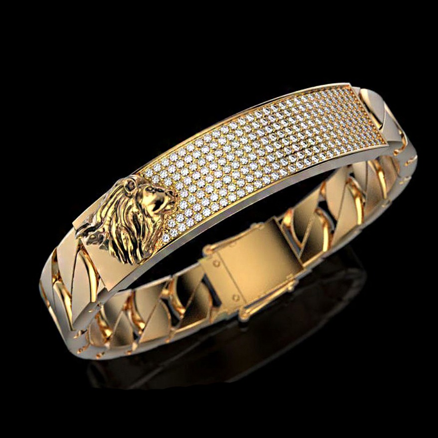 18Kt Yellow Gold Lion Cubic Zirconia Men's Bracelet Bangle