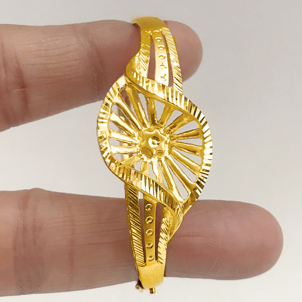 18K Stamped Yellow Gold Designer Open Lock Women's Bangle Bracelet