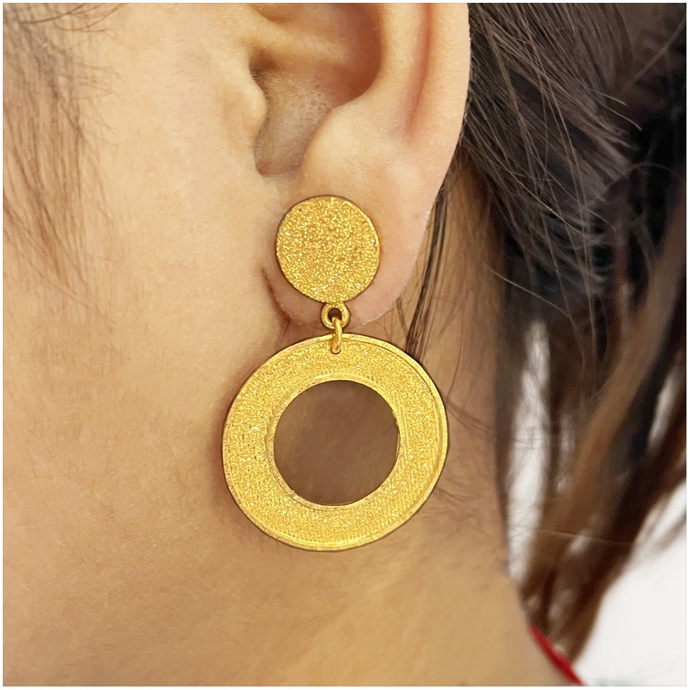 18 Kt Yellow Gold Circle Modernist Drop Huggie Hoop Earrings