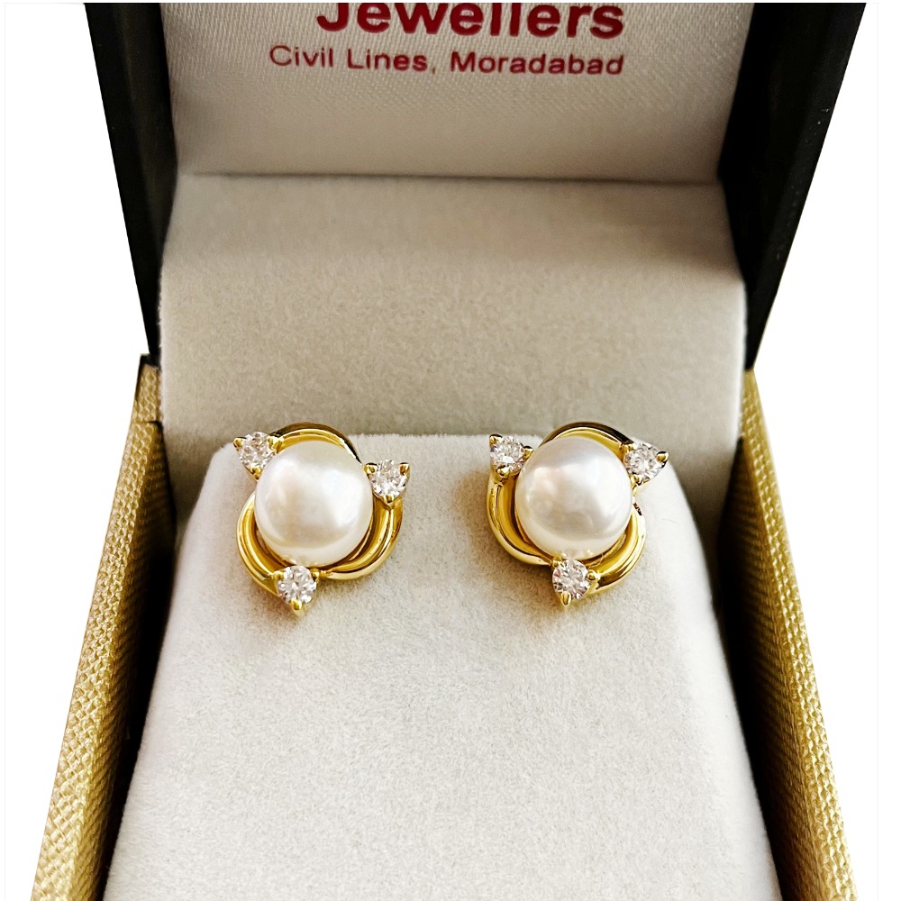 18 kt gold pearl & cubic zirconia handmade round stud women earring