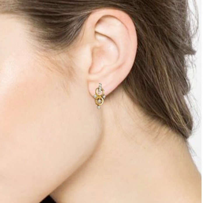 18 Kt Solid Yellow Gold Cubic Zircon Double O Stud Women Earrings Fine Jewelry