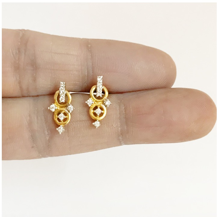 18 Kt Solid Yellow Gold Cubic Zircon Double O Stud Women Earrings Fine Jewelry