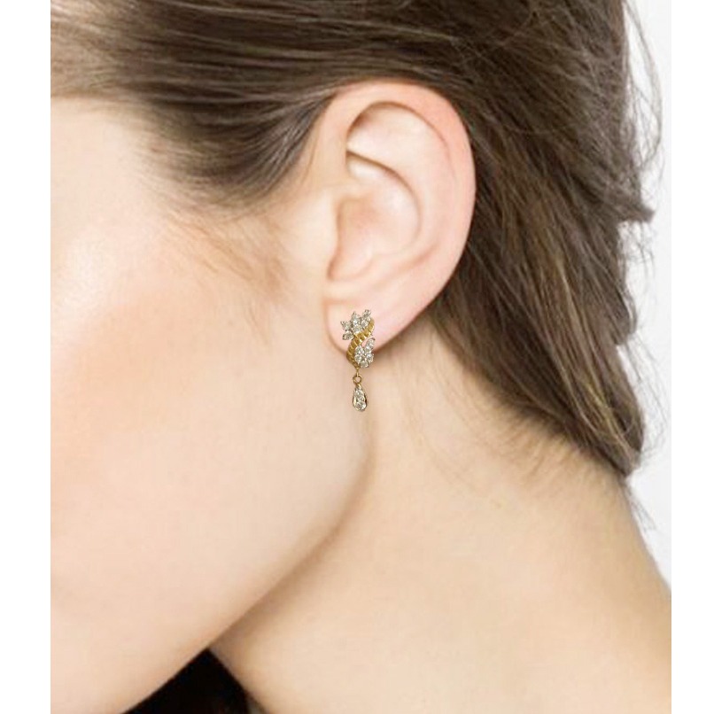 18 Kt Solid Yellow Gold Cubic Zirconia CZ Stud Drop Women Earrings Fine Jewelry
