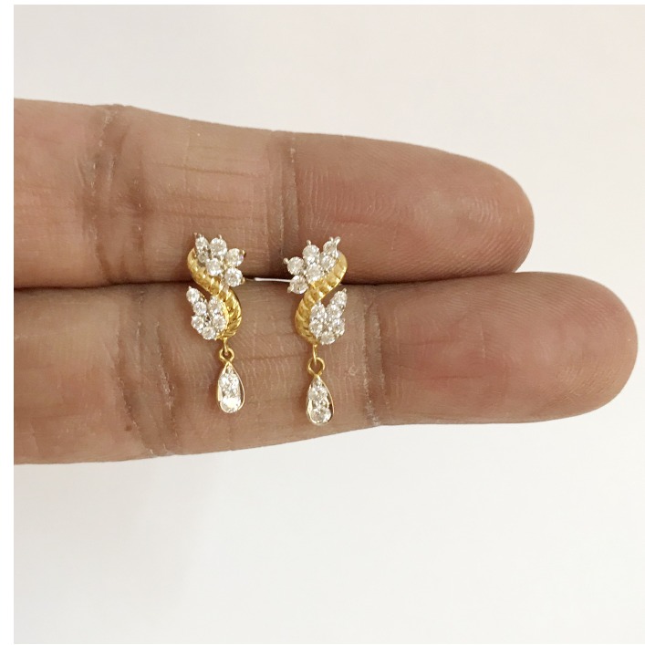 18 Kt Solid Yellow Gold Cubic Zirconia CZ Stud Drop Women Earrings Fine Jewelry