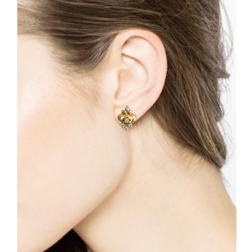 18 Kt Solid Fine Yellow Gold Cubic Zirconia Stud Women's Earrings Fine Jewelry