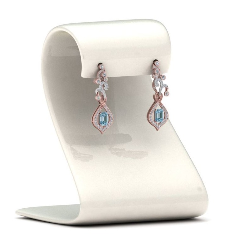 14 Kt Solid Rose Gold Aquamarine Gemstone Cubic Zirconia CZ Drop Women Earrings