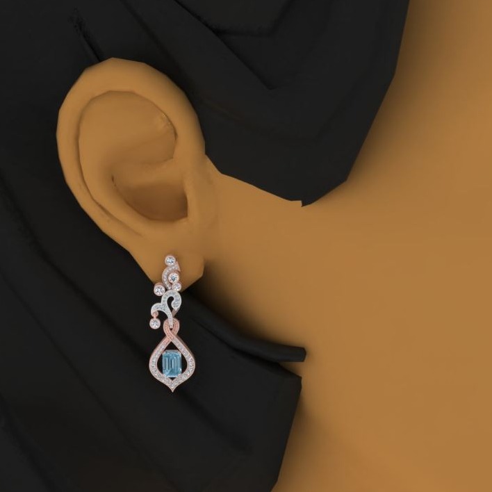 14 Kt Solid Rose Gold Aquamarine Gemstone Cubic Zirconia CZ Drop Women Earrings
