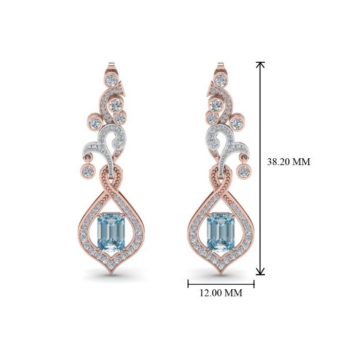 14 Kt Solid Rose Gold Aquamarine Gemstone Cubic Zirconia CZ Drop Women Earrings