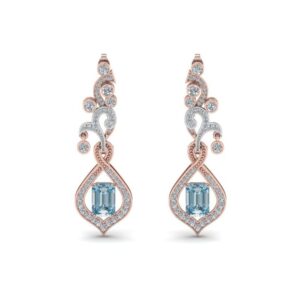 14 Kt Solid Rose Gold Aquamarine Gemstone Cubic Zirconia CZ Drop Women Earrings