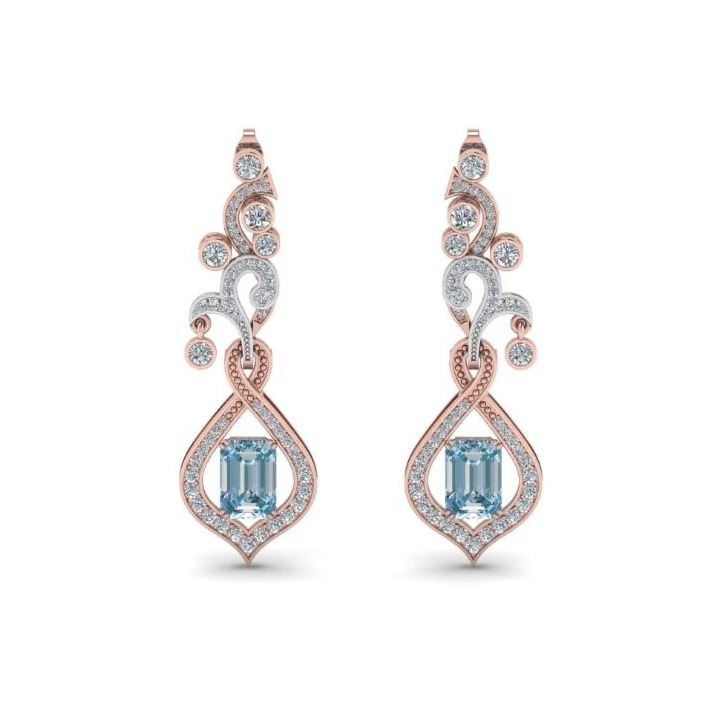 14 Kt Solid Rose Gold Aquamarine Gemstone Cubic Zirconia CZ Drop Women Earrings
