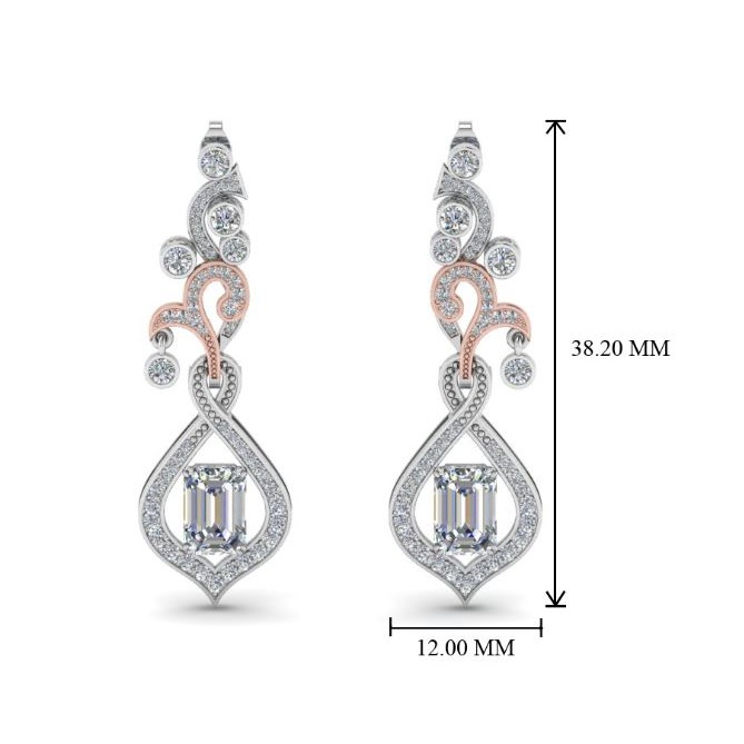 14 Kt White & Rose Solid Gold Emerald Cubic Zirconia Dangle Drop Women Earrings