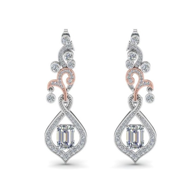 14 Kt White & Rose Solid Gold Emerald Cubic Zirconia Dangle Drop Women Earrings