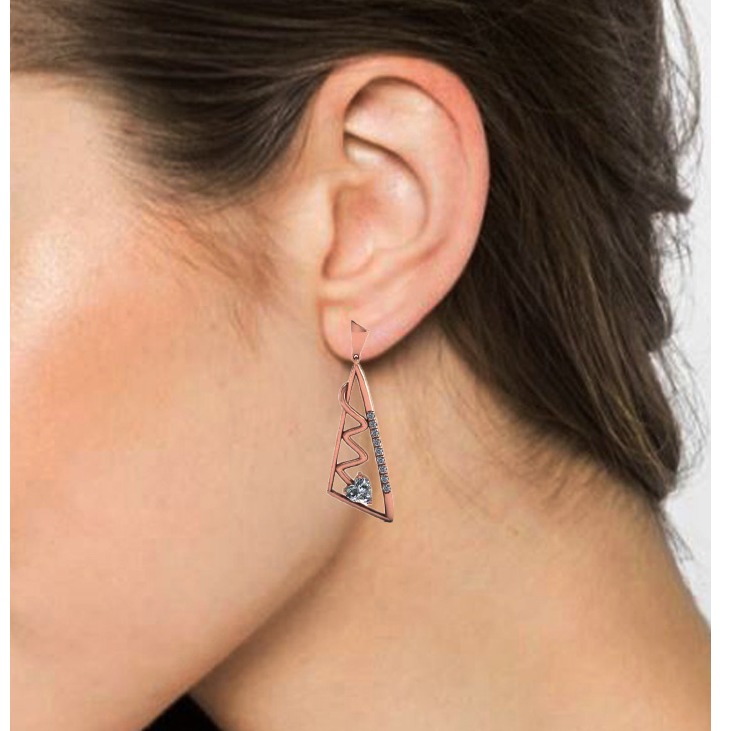 14 Kt Solid Rose Gold Cubic Zirconia Triangular Shape Dangle Drop Women Earrings