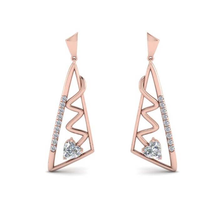 14 Kt Solid Rose Gold Cubic Zirconia Triangular Shape Dangle Drop Women Earrings