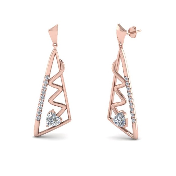 14 Kt Solid Rose Gold Cubic Zirconia Triangular Shape Dangle Drop Women Earrings