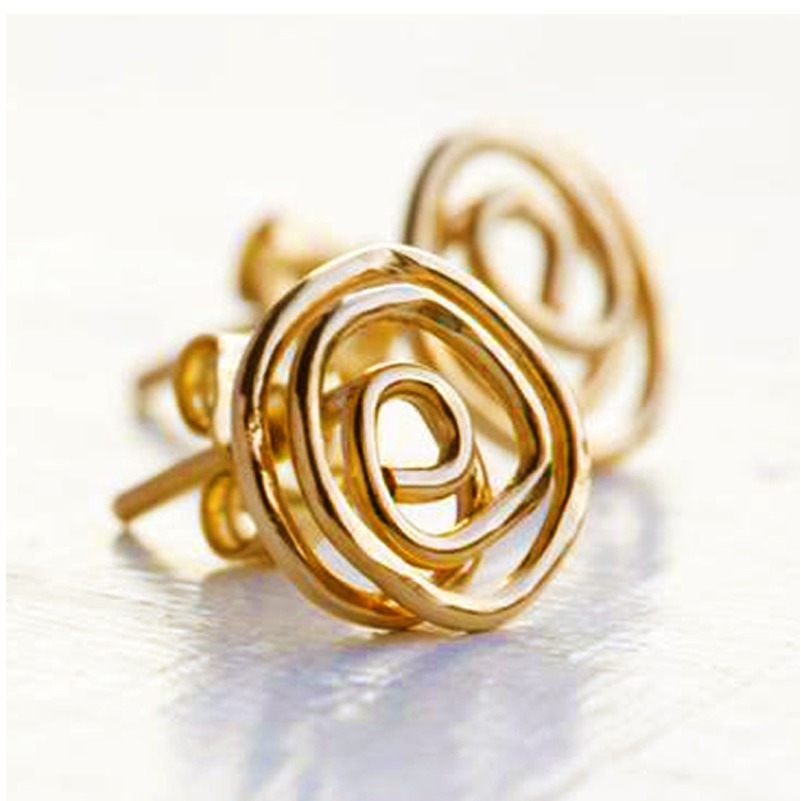 18 Kt Real Solid Yellow Gold Handmade Swirl Stud Screw Back Women'S Earrings