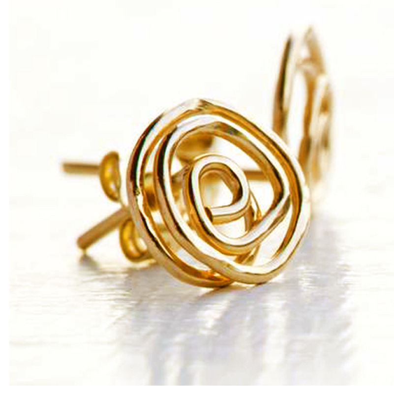 18 Kt Real Solid Yellow Gold Handmade Swirl Stud Screw Back Women'S Earrings