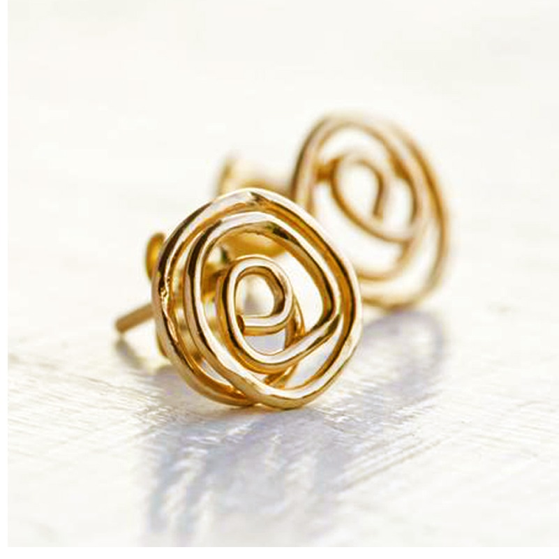 18 Kt Real Solid Yellow Gold Handmade Swirl Stud Screw Back Women'S Earrings