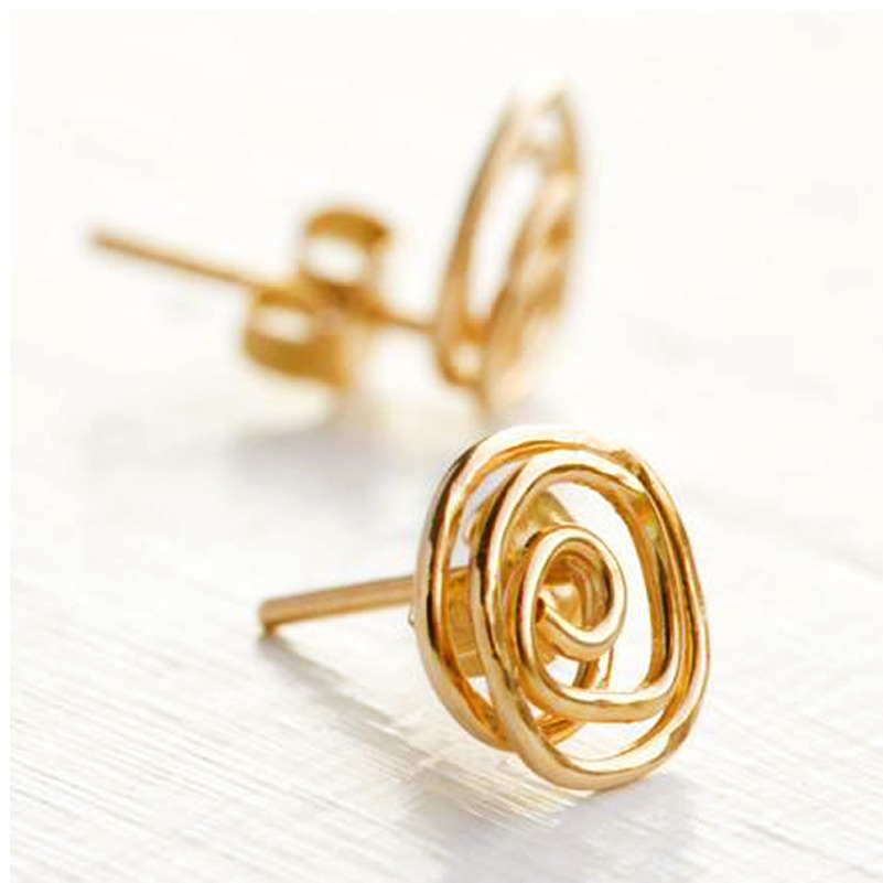 18 Kt Real Solid Yellow Gold Handmade Swirl Stud Screw Back Women'S Earrings