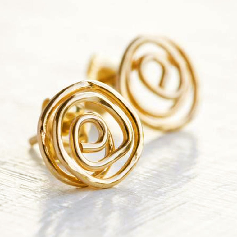 18 Kt Real Solid Yellow Gold Handmade Swirl Stud Screw Back Women'S Earrings