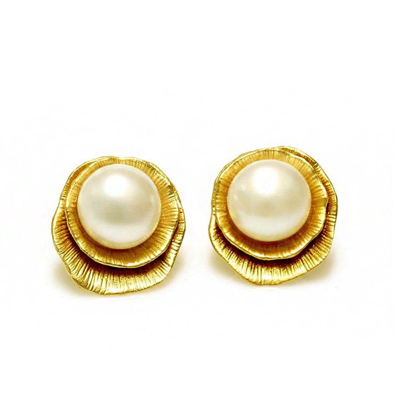 18 Kt Hallmark Real Solid Yellow Gold Pearl Bridesmaid Stud Earrings Screw Back